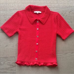 LOFT Red Short-Sleeve Knit Button-Front Top with Ruffle Hem